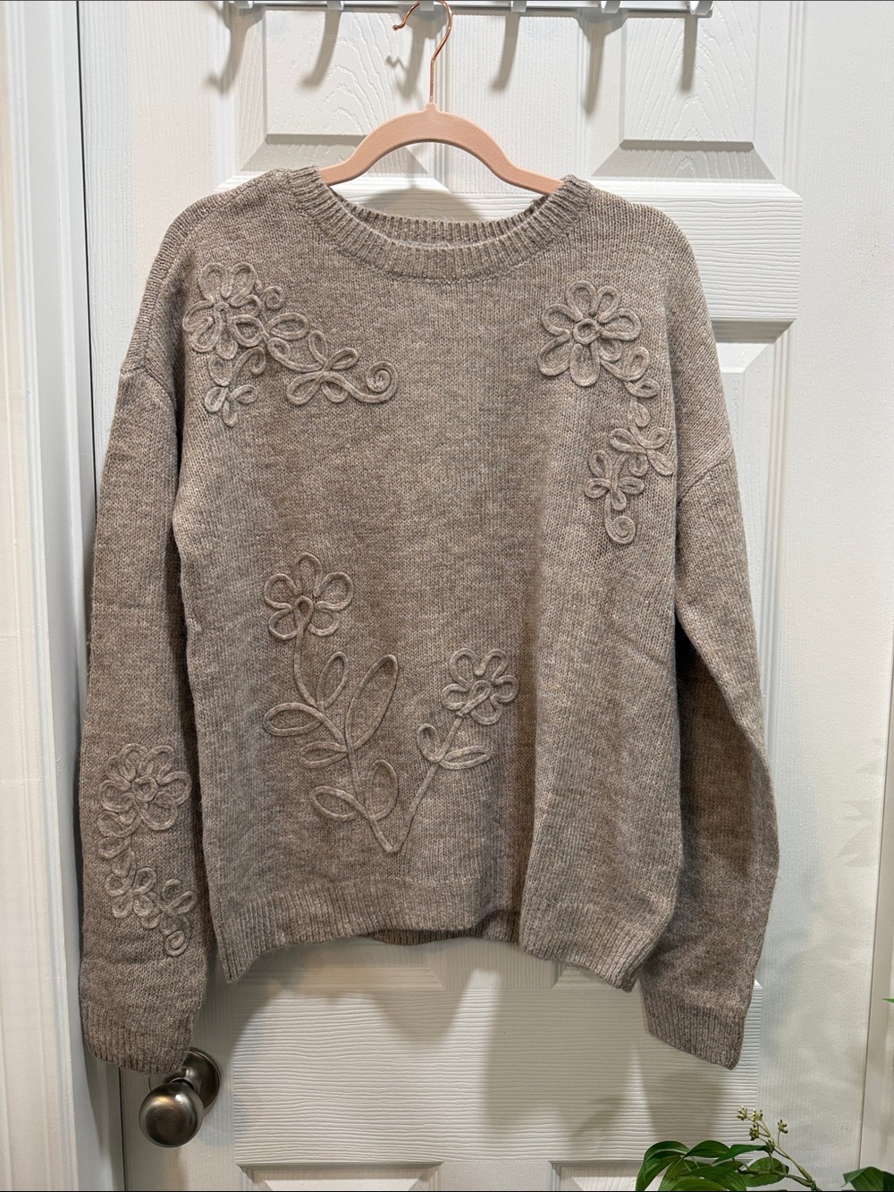 Maurices Taupe Floral Appliqué Crewneck Sweater